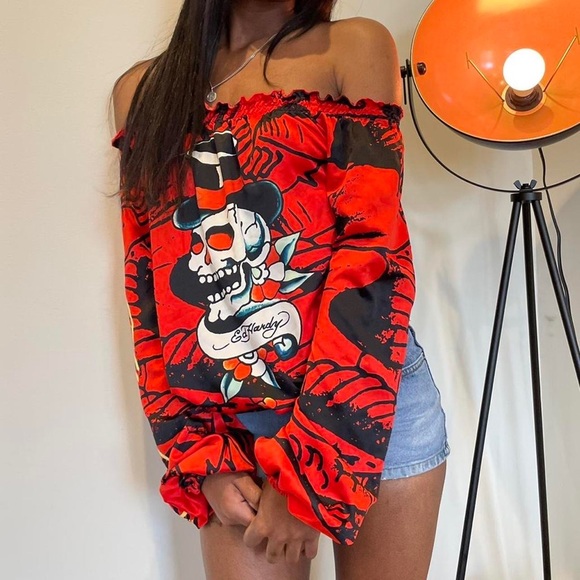 Silk red off the shoulder top by Ed Hardy. - Picture 2 of 4